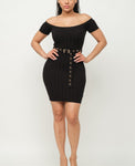 Off Shoulder Ribbed Mini Dress w/ Belt