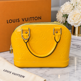 Authentic Louis Vuitton Alma BB Yellow Monogram Vernis Patent Leather Handbag