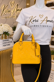 Authentic Louis Vuitton Alma BB Yellow Monogram Vernis Patent Leather Handbag