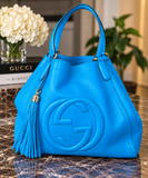 Authentic Gucci Soho Teal Blue Leather Large Tote Shoulder Bag w/ Tassel