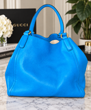 Authentic Gucci Soho Teal Blue Leather Large Tote Shoulder Bag w/ Tassel