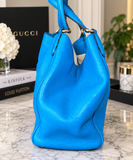 Authentic Gucci Soho Teal Blue Leather Large Tote Shoulder Bag w/ Tassel