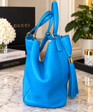 Authentic Gucci Soho Teal Blue Leather Large Tote Shoulder Bag w/ Tassel